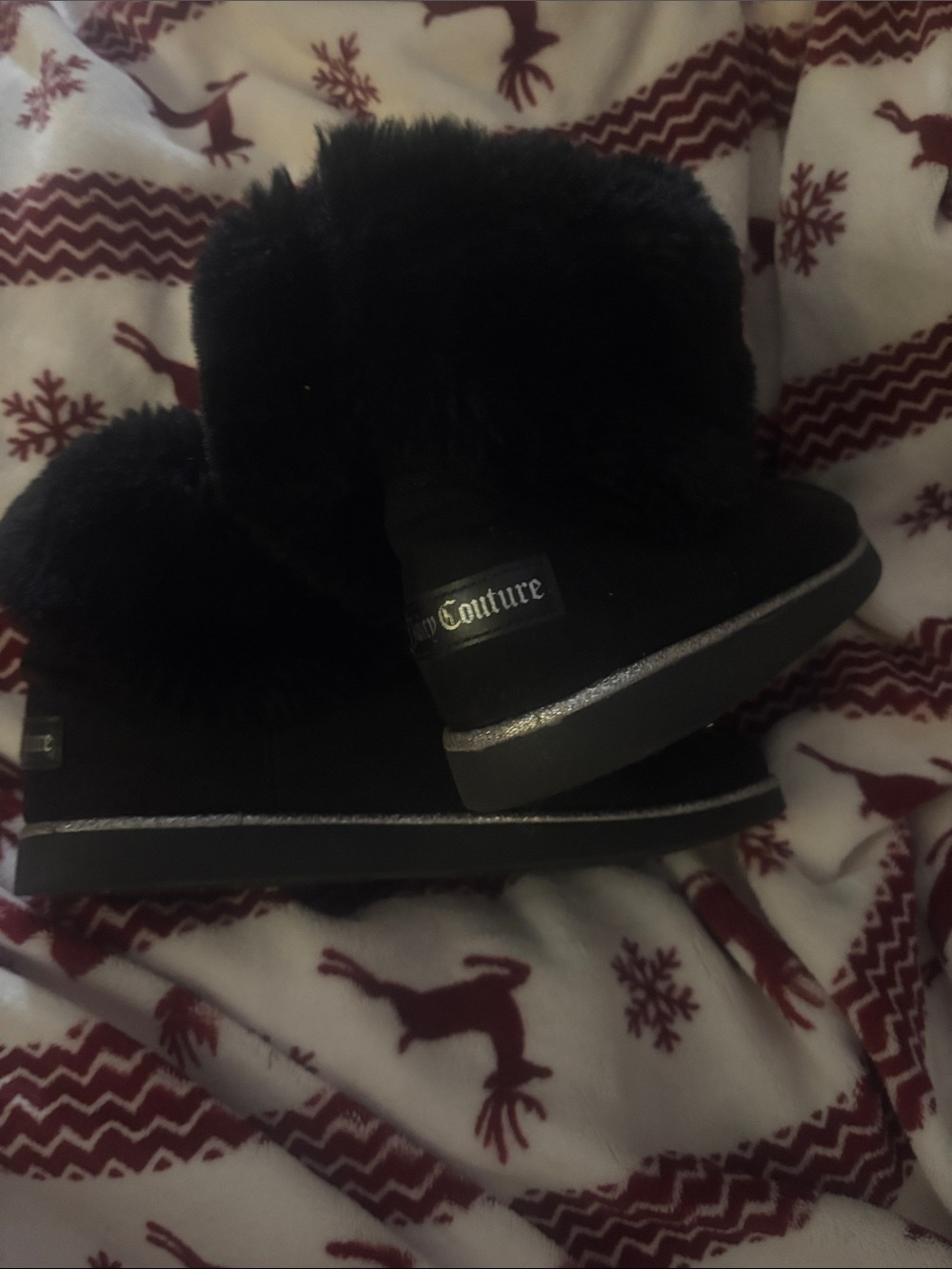 Juicy Couture Black Faux-Fur Slip-On Slippers